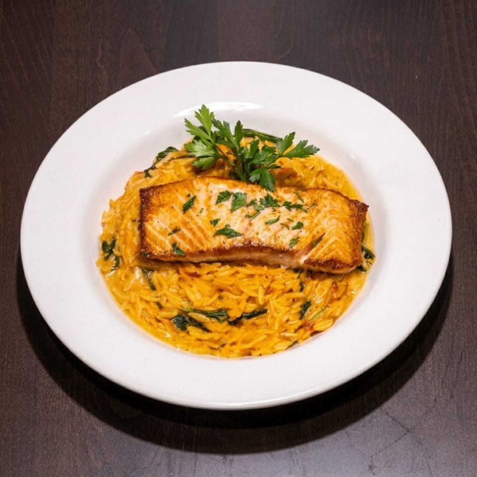 Pan-seared salmon fillet over creamy orange orzo pasta with spinach, garnished with parsley.