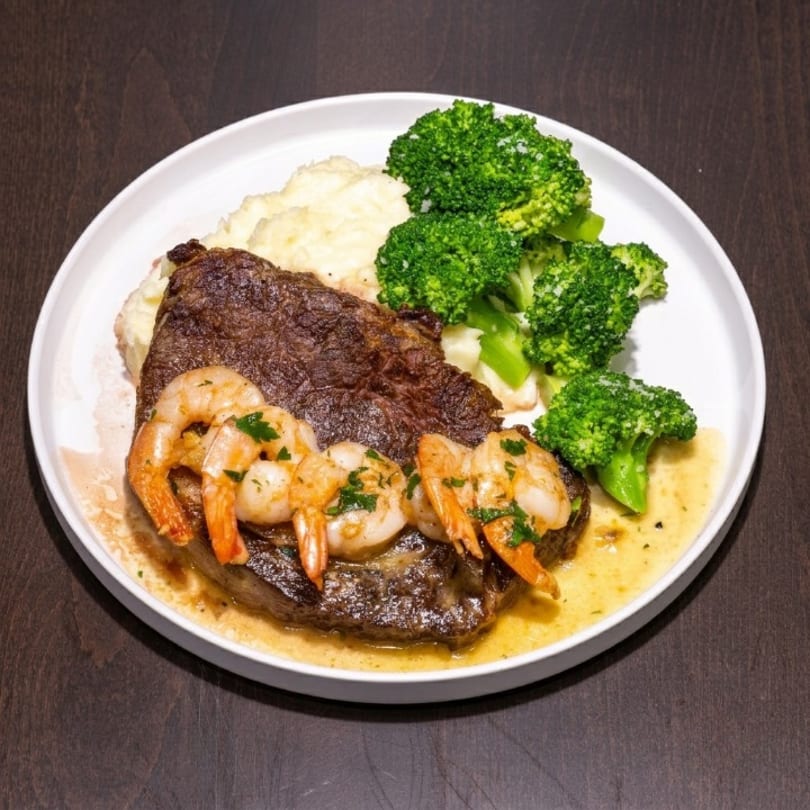 Steak and shrimp with mashed potatoes and broccoli on a white plate.